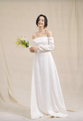 Off-Shoulder Silk Dress with Long Sleeves and Flared Hem for Elegant Formal Occasions